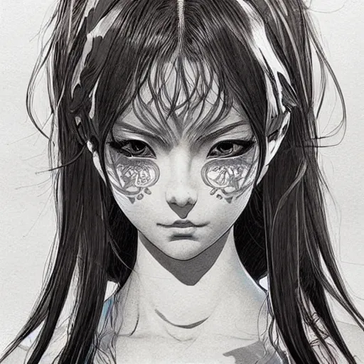 Image similar to beautiful girl with sharinga eyes, symmetrical face, artstation, highly detailed, by hiroaki samura, hypermaximalist