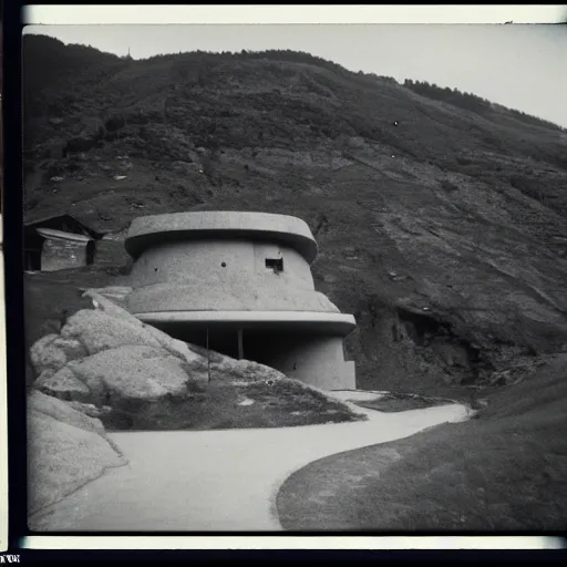 Image similar to a swiss underground bunker project for protection of every swiss residence in the cold war, medium, strong, boulder bunker, 6 0 s, polaroid