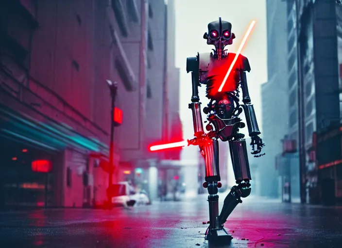 Image similar to 3 5 mm portrait photo of general grievous with heavy duty biomechanical cybernetic body with 4 arms holding 4 activated red lightsabers in the city in the rain. cyberpunk horror style.