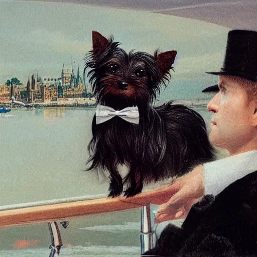 Image similar to a Yorkshire terrier on a yacht wearing a black bow tie holding a bottle of Dom Pérignon, extremely detailed masterpiece, illustration, by Michael Sowa,