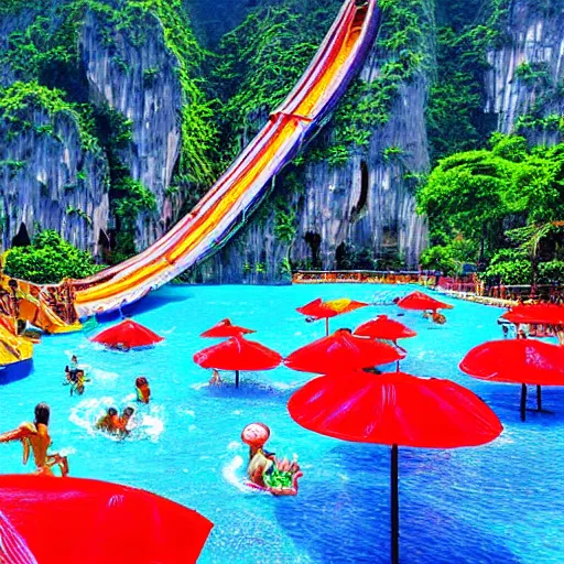 Prompt: halong bay vietnam waterpark with waterslides, digital art, cinematic lighting, epic composition, highly detailed