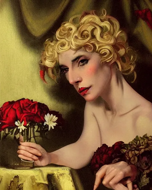 Image similar to a beautiful and eerie baroque painting of a gorgeous but sinister woman in layers of fear, with haunted eyes and wild blonde hair, 1 9 7 0 s, seventies, floral wallpaper, wilted flowers, a little blood, morning light showing injuries, delicate embellishments, painterly, offset printing technique, by brom, robert henri, walter popp