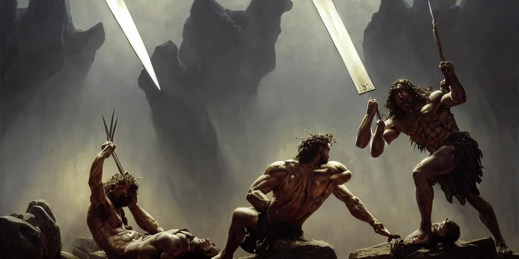 Prompt: realistic painting of biblical Cain stabbing Abel in the chest with the holy lance in front of a stone altar with white smoke ascending, masculine and rugged, inspired art by Frazetta + facial symmetry + dramatic volumetric lighting, 8k octane render, intricate, epic composition, grim yet sparkling atmosphere, cinematic lighting + masterpiece, trending on artstation, very detailed, masterpiece, stunning