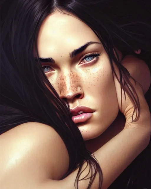 Image similar to portrait of megan fox crying, tears, weeping, intricate, headshot, highly detailed, digital painting, artstation, concept art, sharp focus, cinematic lighting, illustration, art by artgerm and greg rutkowski, alphonse mucha, cgsociety