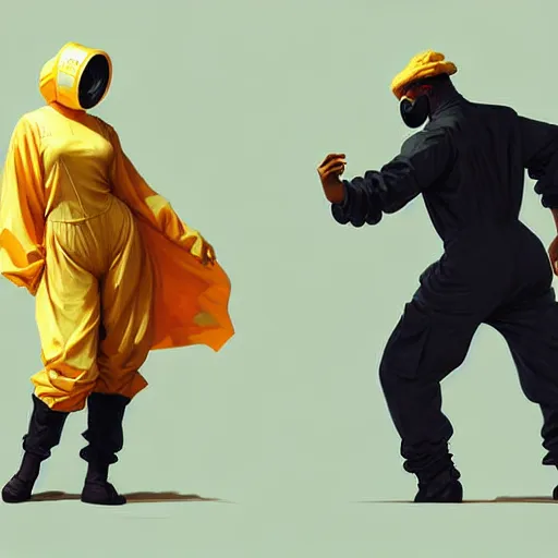 Image similar to character concept portrait of a man in a hazmat suit and voluminous woman in shirt and overalls both dancing, intricate, elegant, digital painting, concept art, smooth, sharp focus, illustration, from metal gear, by ruan jia and mandy jurgens and william - adolphe bouguereau, artgerm