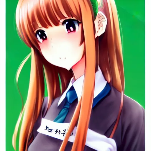 Image similar to beautiful anime high school girl, complete body view, coral brown hair, ponytail, white ribbon, green eyes, full perfect face, slightly smiling, detailed school background, drawn by Artgerm, Sasoura, Satchely, no distorsion