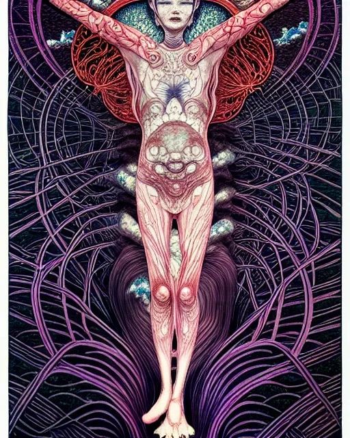 Image similar to human spirit breaking away from the body, conjuring psychedelic background, part by takato yamamoto, part by alex gray, ross tran, james jean, ultra realistic, highly detailed, 8 k, trending on artstation, cosmic, symmetry, masterpiece