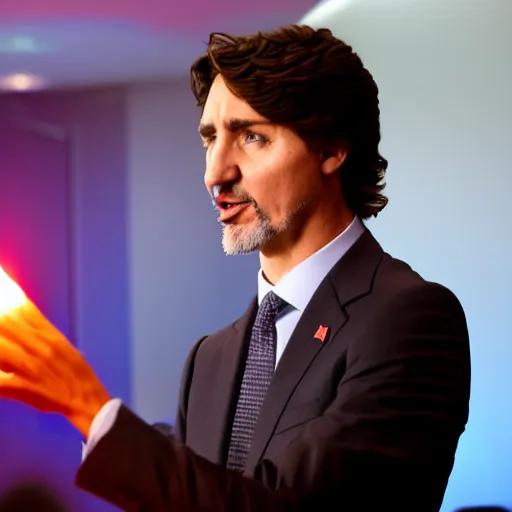 Image similar to a still of Justin Trudeau breathing fire at Obama . He's wearing a suit, dark. Studio lighting, shallow depth of field. Professional photography City at night in background, lights, colors,4K