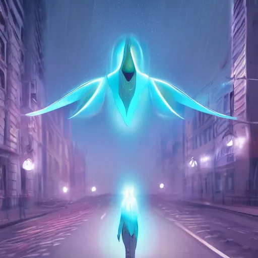 Image similar to cgi hyperintelligent ethereal manta ray alien from beyond the stars in the middle of a busy road, wearing an odd hooded cowl, with fairy lights inside the fabric like shimmering stars, cgi, proper anatomy, sci fi fantasy, ultrarealism, pixar, trending on artstation