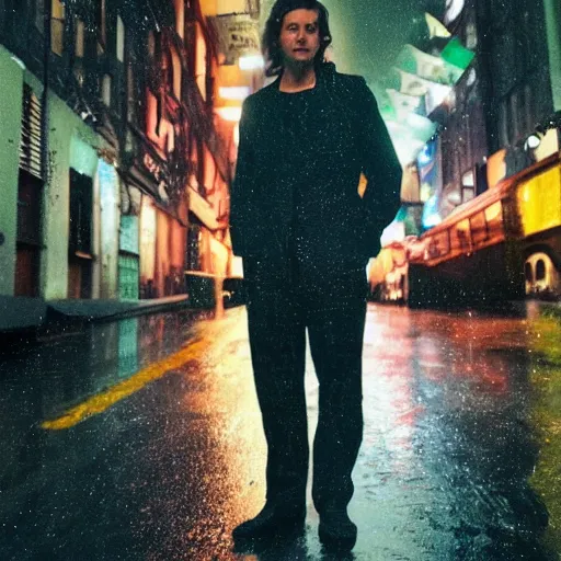 Image similar to night flash portrait photography of eliot offen on the lower east side by annie leibovitz, colorful!!, nighttime!, raining!