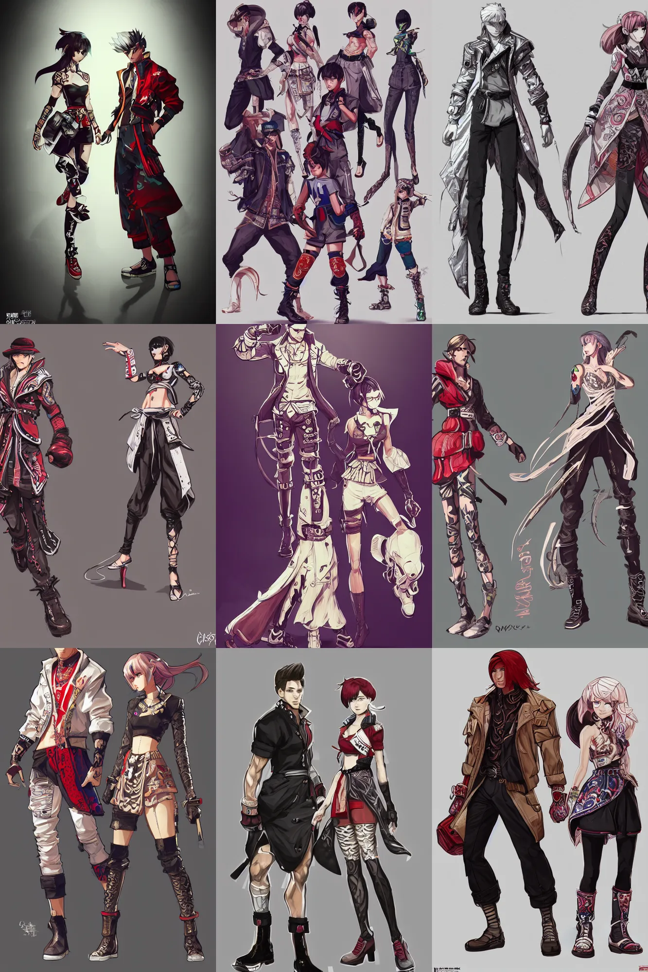 Prompt: concept art of fashionable male and female fighters wearing trendy outfit, video game characters designs, by capcom and arc system works, intricate, elegant, highly detailed, stylized, digital art, artstation, concept art, sharp focus, illustration, beautiful sunlight and shadows