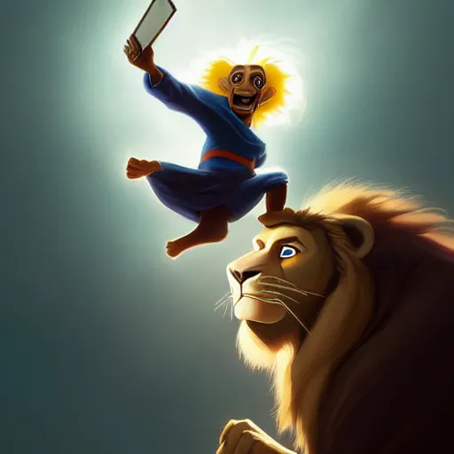 Image similar to portrait of doc brown!!!! riding!!!!!!!!!!!!!! on ( ( ( ( lion king ) ) ) ), disney animation, sharp, illustration, sharp, fanart, anime key art by greg rutkowski, bloom, dramatic lighting sharp focus, cinematic, artbook, smooth, centered