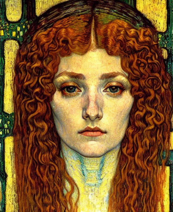 Image similar to detailed realistic beautiful young medieval queen face portrait by jean delville, gustav klimt and vincent van gogh, art nouveau, symbolist, visionary, gothic, pre - raphaelite, muted earthy colors, desaturated