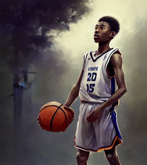 Prompt: portrait of a boy at a basketball court playing basketball wearing a basketball jersey in a basketball court standing near the basketball hoop, intense emotion, (detailed facial expression), detailed surroundings, intricate, elegant, highly detailed, centered, digital painting, artstation, concept art, smooth, sharp focus, illustration, by (Peter Mohrbacher), WLOP