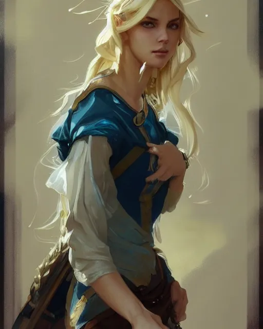 Image similar to '' Portrait of Beautiful blonde Slavic woman in her early 30’s, league of legends, LOL, fantasy, d&d, digital painting, artstation, concept art, sharp focus, illustration, art by greg rutkowski and alphonse mucha ''