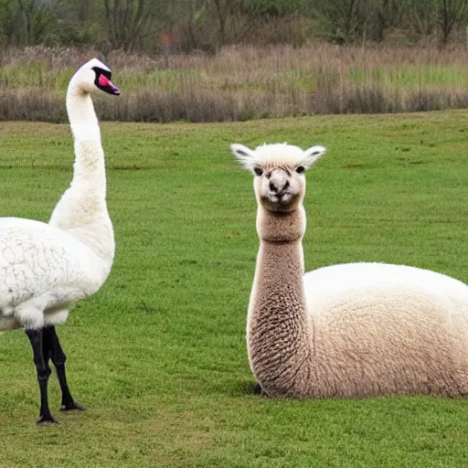 Image similar to photo of a hybrid between a swan and an alpaca