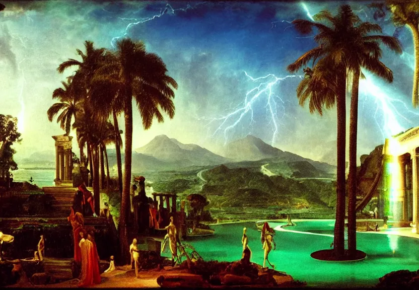 Image similar to Palace of the chalice, refracted sparkles, thunderstorm, greek pool, beach and Tropical vegetation on the background major arcana sky, by paul delaroche, hyperrealistic 4k uhd, award-winning, very very very detailed