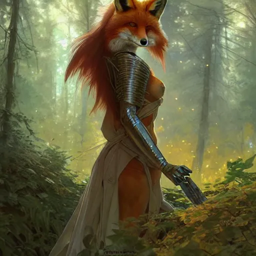 Image similar to photo of a humanoid female fox were a heroic dress an armour in the forest, long hair, highly detailed, digital painting, artstation, smooth, sharp focus, illustration, art by artgerm and greg rutkowski and alphonse mucha