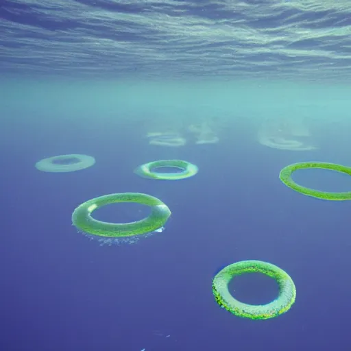 Prompt: underwater bubble rings floating to the surface