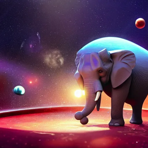 Prompt: a hyperrealistic 3D octane render of an elephant playing piano in a planetarium with planets and galaxies, trending on artstation, 8k, 4K, dramatic lighting, glowing, volumetric lighting, ray tracing, unreal engine