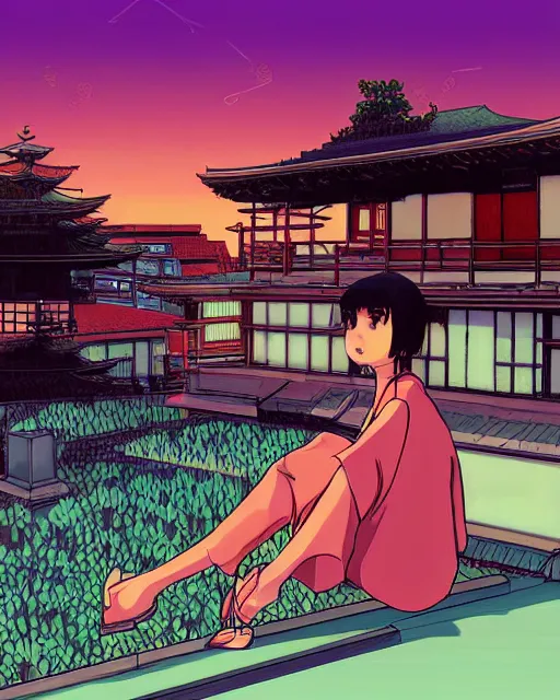 Image similar to detailed aesthetic vaporwave illustration of a girl sitting on the rooftop anime digital art award winning scenery cinematic scene sunset in japan by studio ghibli