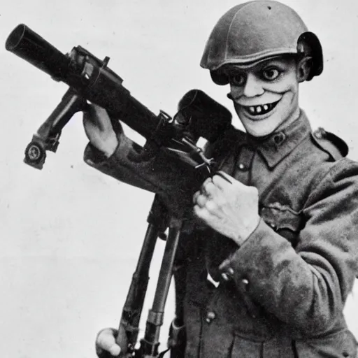 Image similar to old wartime photograph of crazy frog holding a lewis gun, 1 9 1 7