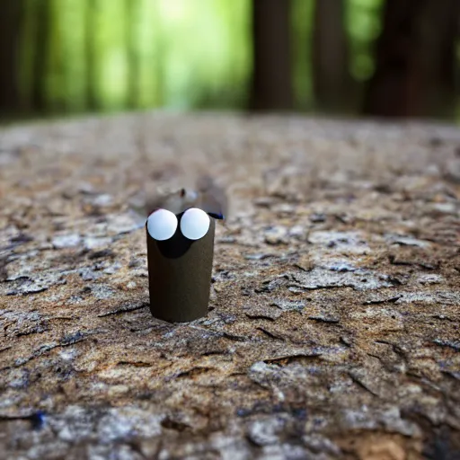 Image similar to paperclip with googly eyes, drinking coffee, in the woods, photography, depth of field, very symmetric, rule of thirds, 4 k resolution