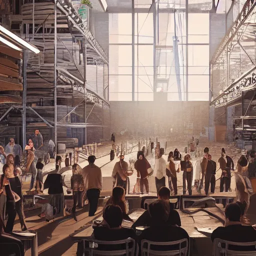 Image similar to large group people in a warehouse, surrounding hologram of futuristic city on a table, cinematic concept art, godrays, golden hour, natural sunlight, 4 k, clear details, tabletop model buildings, tabletop model, hologram center