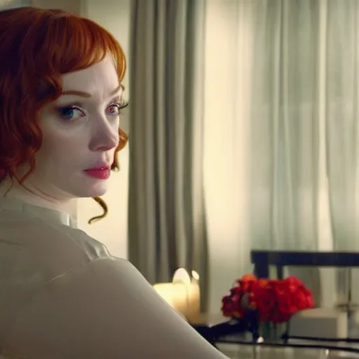 Image similar to a very surprised looking beautiful Christina Hendricks r in the living room, film still from the movie directed by Denis Villeneuve , wide lens