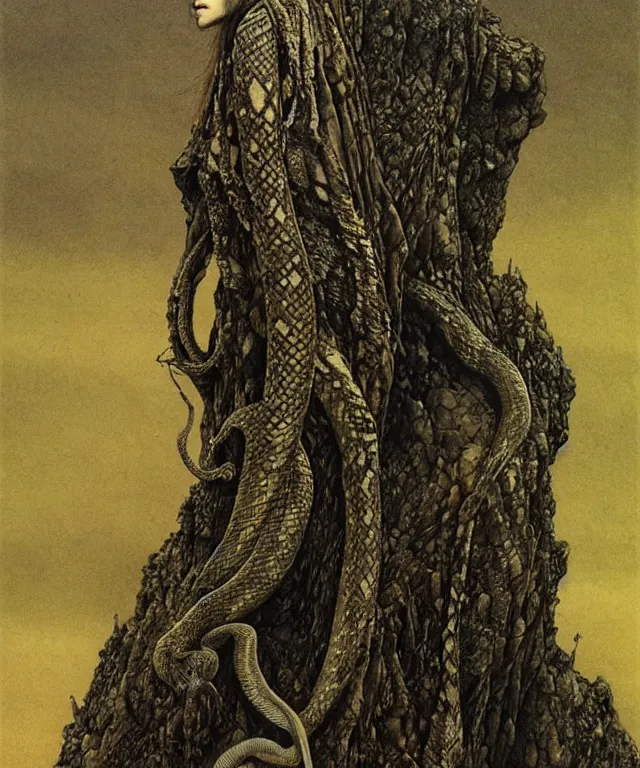 Prompt: A detailed snakewoman stands among the hills. Wearing a ripped mantle, robe. Perfect faces, extremely high details, realistic, fantasy art, solo, masterpiece, art by Zdzisław Beksiński, Arthur Rackham, Dariusz Zawadzki