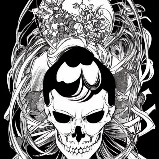 Image similar to anime manga skull portrait face skeleton illustration style by Alphonse Mucha and Jim Lee comic pop art nouveau