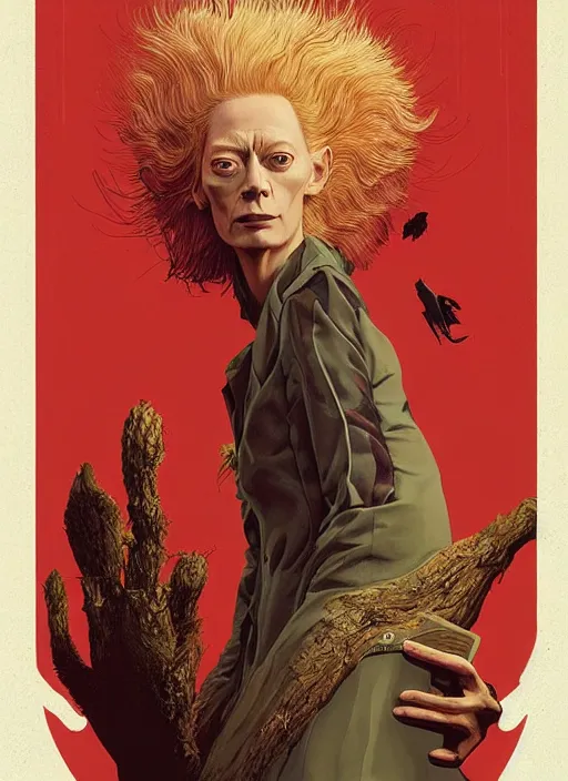 Image similar to poster artwork by Michael Whelan and Tomer Hanuka, Karol Bak of Tilda Swinton as the log lady, from scene from Twin Peaks, clean