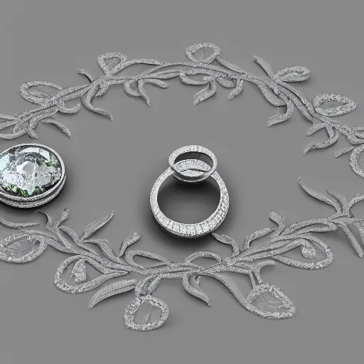 Image similar to intricate!! organic, nordic wedding ring and necklace, silver gemstones and diamond, isolated on a dreamy floral background, refraction, occlusion, lower and upper levels, keyshot render, octane render, vray render
