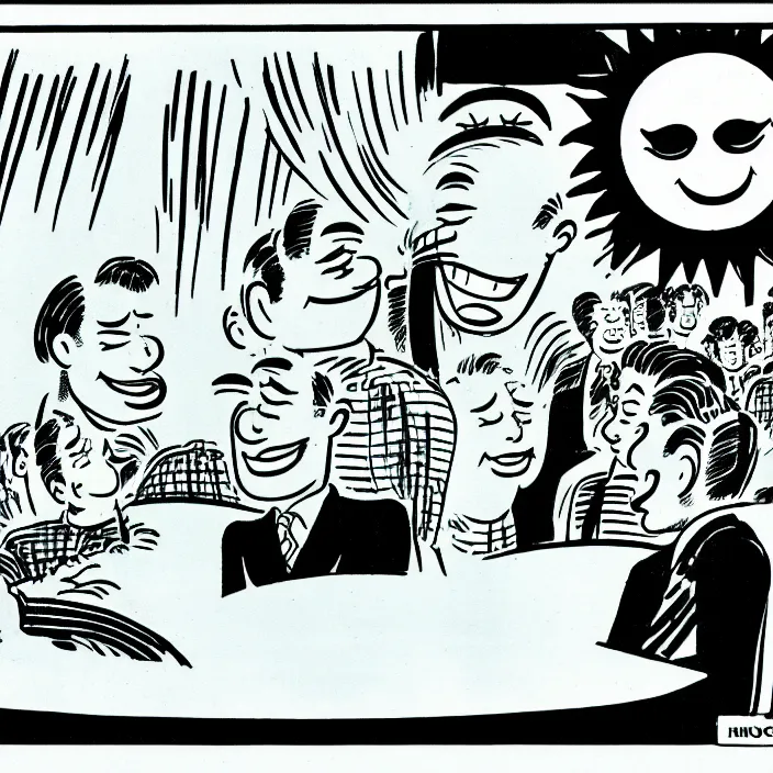 Image similar to a still frame from comic strip, smiling sun 1 9 5 0, herluf bidstrup, new yorker illustration, monochrome contrast bw, lineart, manga, tadanori yokoo, simplified,