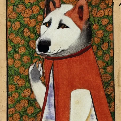 Image similar to akita inu dog dressed as a queen in a dress with orange slices pattern, medieval painting