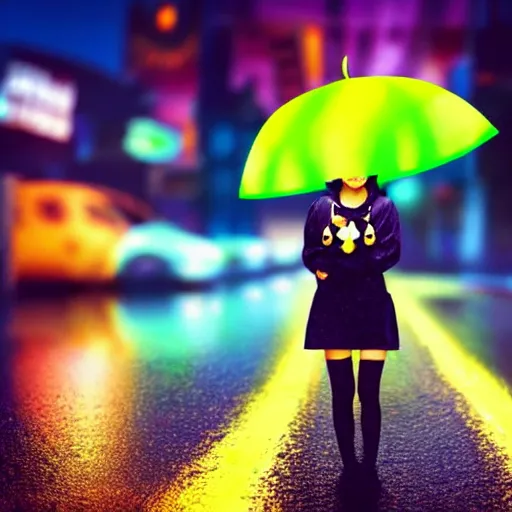 Prompt: a cute anime girl wearing a cat hoodie holding an umbrella walking in a neon lit street in the rain in the style of america mcgee's alice