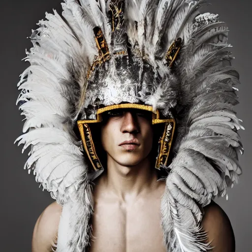 Image similar to a portrait of a beautiful young male wearing an alexander mcqueen armor made of feathers , photographed by andrew thomas huang, artistic