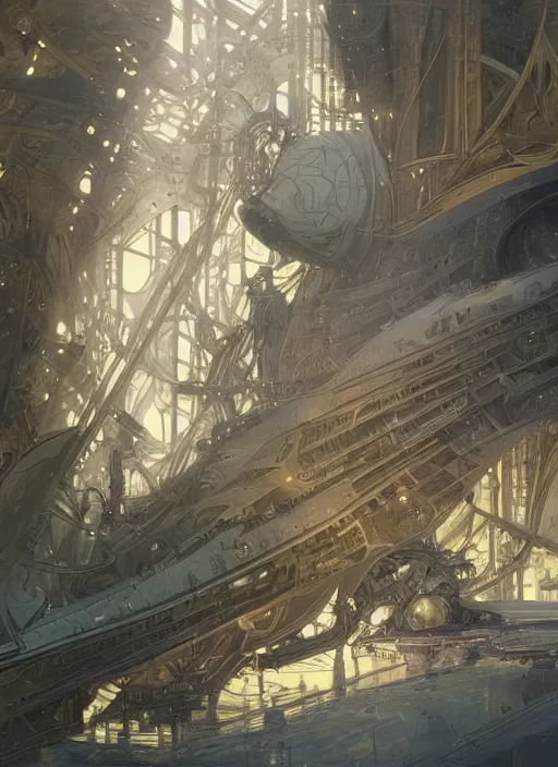 Image similar to epic concept illustration | highly detailed | intricate mechanical design | star fleet nautilus ship being prepared for launch | by greg rutkowski and alphonse mucha. uhd | amazing depth | cinematic lighting