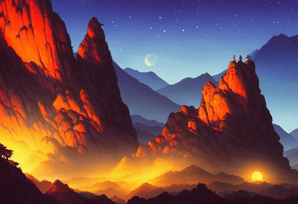 Prompt: mountains background at night, rocks, trees, castle, night sky, intricate oil painting, high detail illustration, sharp high detail, manga and anime 1 9 9 9, official fanart behance hd artstation by jesper ejsing and makoto shinkai, 4 k,