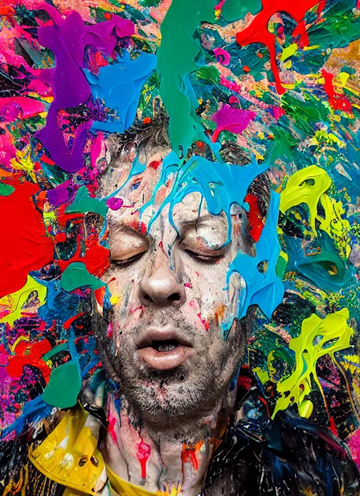 Image similar to abstract expressionist mid shot portrait of a man made of very thick impasto paint and acrylic pour and coloured powder explosion and splashing paint and dripping paint and flying paint chunks, eyes closed or not visible, expressing strong emotions, art by antony micallef, motion blur, hyperrealistic, intricate art photography, anatomically correct, realistic crisp textures, 1 6 k