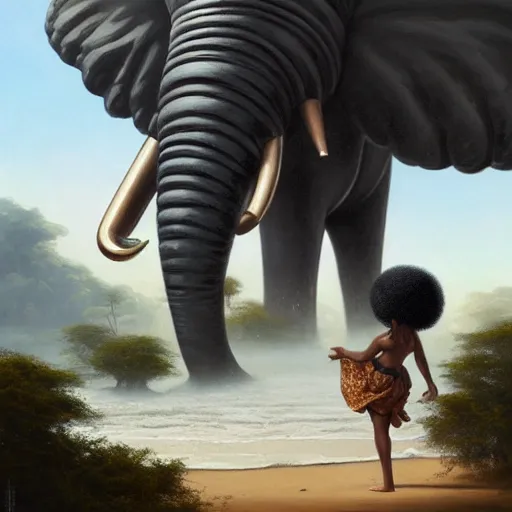 Prompt: a black girl with afro puffs wearing a white robe riding a giant steampunk elephant in a black sand oasis with an acacia tree, by greg rutkowski and android jones, oil on canvas, 8k hd,