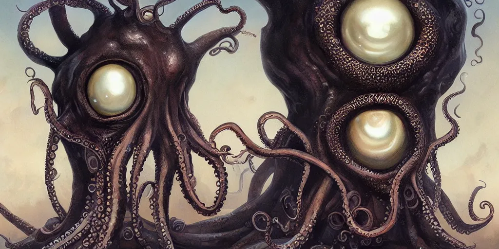 Prompt: queen octopus with a giant eyeball pearl head by Anato Finnstark, Tom Bagshaw, Brom