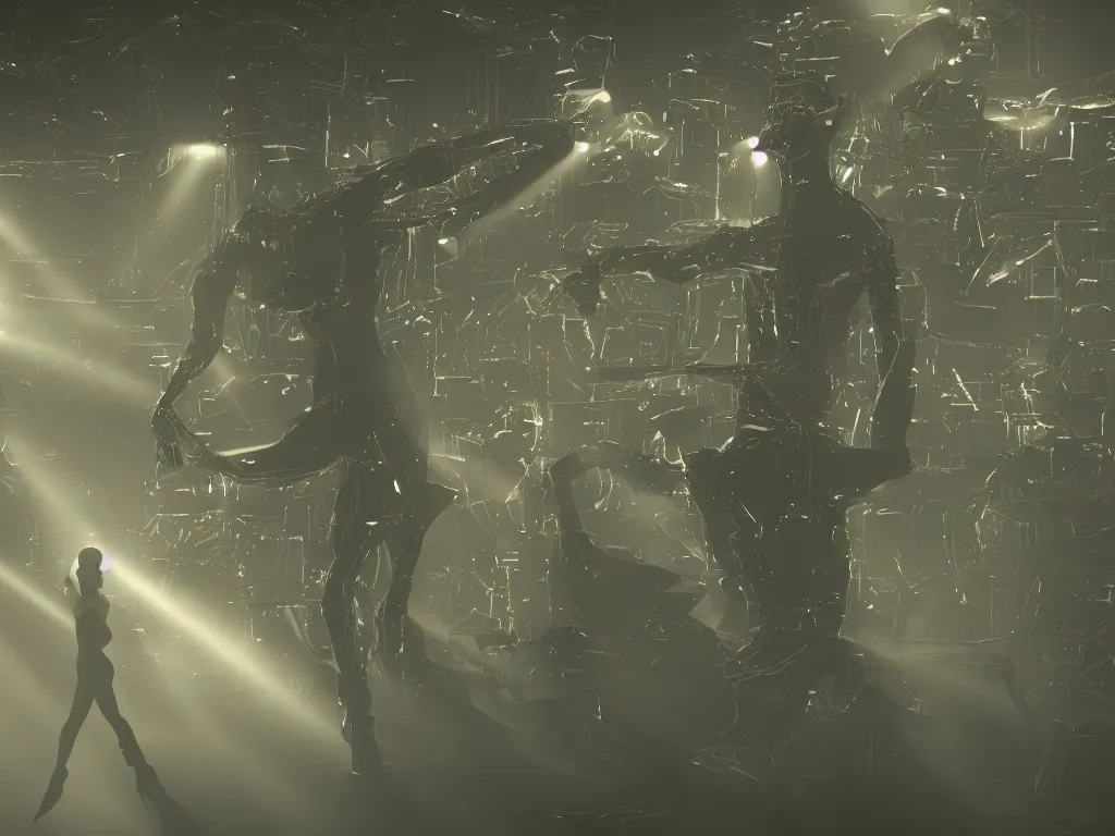 Prompt: a dancer in matrix heaven, surrounded by machines, volumetric lighting, highly detailed
