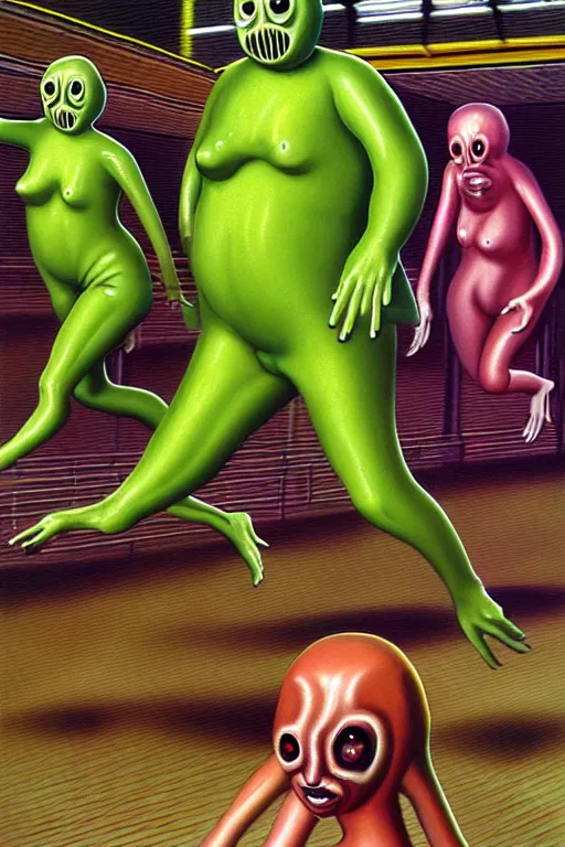 Image similar to a hyperrealistic painting of transparent blob creatures chasing people at the supermarket, by chris cunningham and richard corben, highly detailed, vivid color,