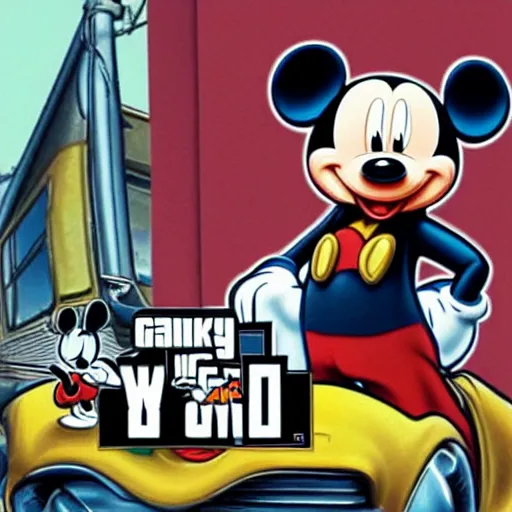 Prompt: mickey mouse in gta 5 cover art style