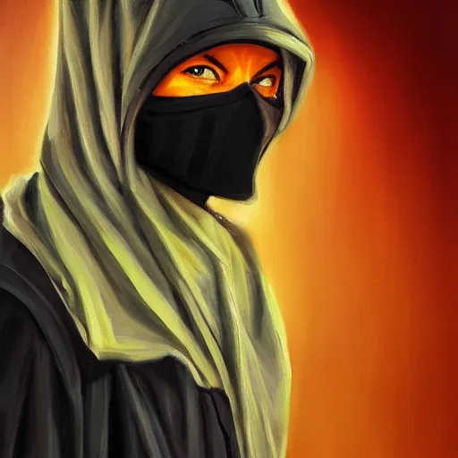 Image similar to hooded ninja, oil painting, portrait, intricate complexity, rule of thirds, character concept, dramatic lighting, complementary colors