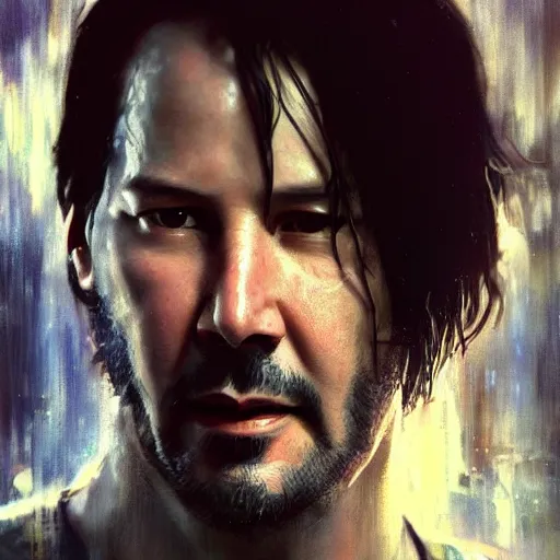 Image similar to keanu reeves, hyperrealistic portrait, bladerunner street, art of elysium by jeremy mann and alphonse mucha, fantasy art, photo realistic, dynamic lighting, artstation, poster, volumetric lighting, very detailed face, 4 k, award winning