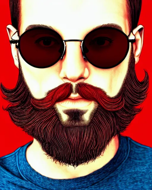 Prompt: detailed hipster skinny man with sunglasses, long vibrant colored beard, red shirt, by james gurney + intricate and vibrant work + portrait + trending on artstation + incredible gothic illustration + exquisite detail