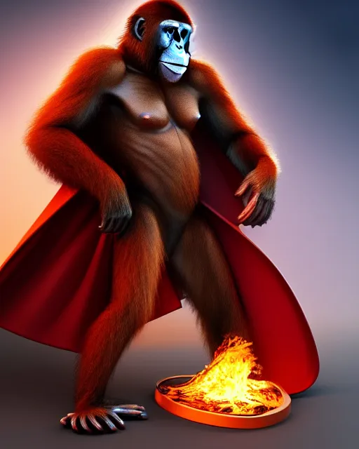 Image similar to fury art, an anthro ape monkey wearing a large cape and a fantasy armor, fire, fiery background, 3 d, 8 k, extremely detailed, trending on furaffinity, trending on artstation, award winning, sharp focus, illustration