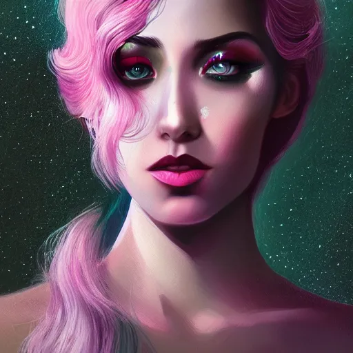 Prompt: portrait of a woman inspired by lois van baarle, charlie bowater, anna dittmann, illustration, iridescent, iridescent hair, face, hair styles, light makeup, glitter, self confidence, cinematic 8 k